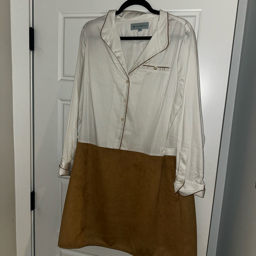 Tuckernuck Delfina Shirt Dress in White & Tan